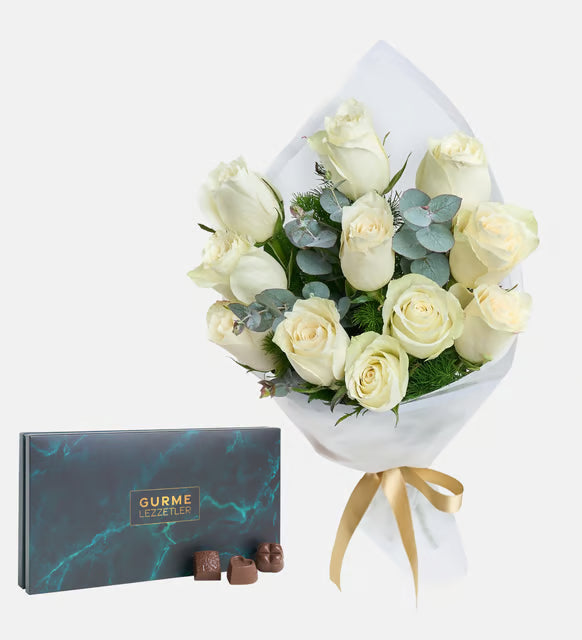 باقة ورد أبيض مع علبة  شوكليت